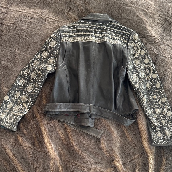 Free People Black Leather Moto Jacket with Embellished Sleeves - Picture 3 of 5